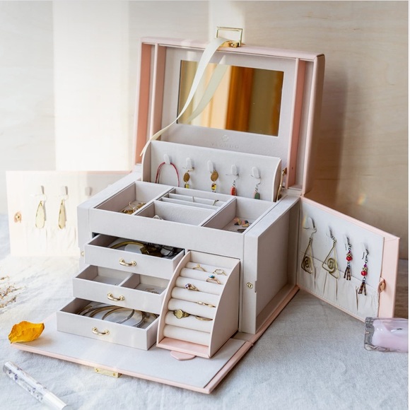 Vlando Other - Pink Leather Mirror Jewelry Storage Box Organizer